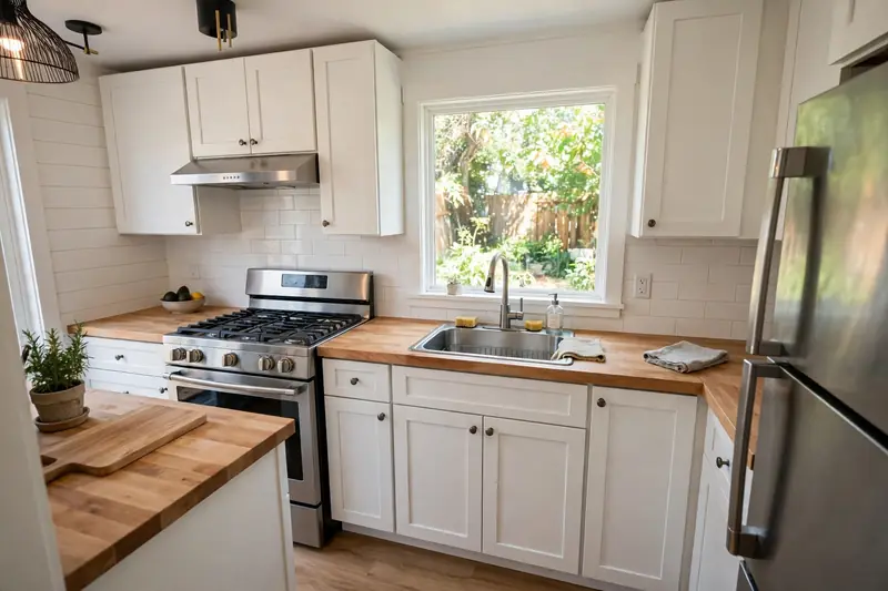 Modern kitchen with white cabinets inside a finished basement apartment