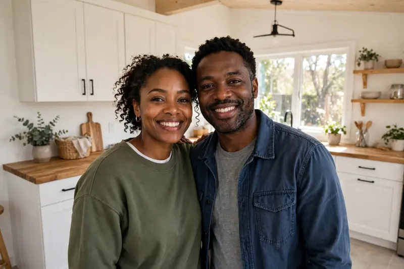 Couple standing in the bright living room of a finished attached ADU