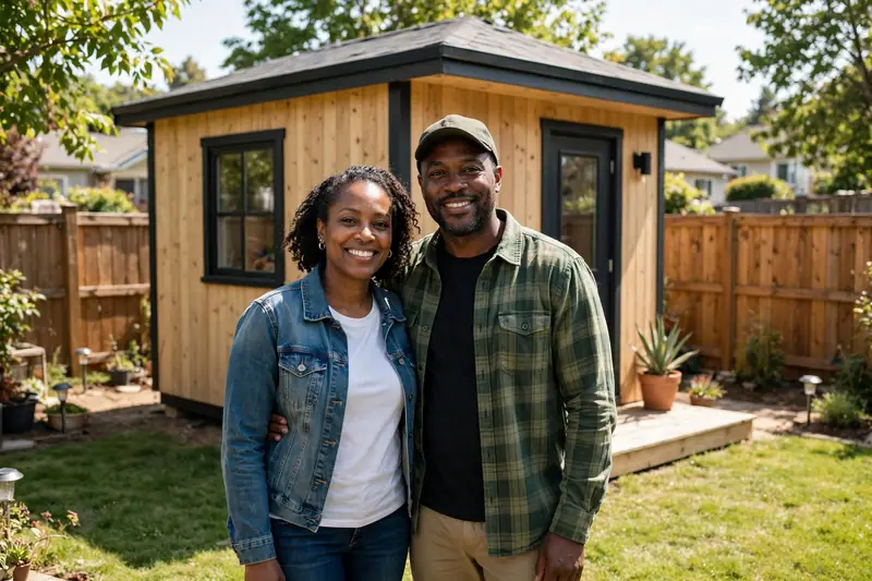 Smiling couple standing in front of their new backyard cottage in a Maryland backyard