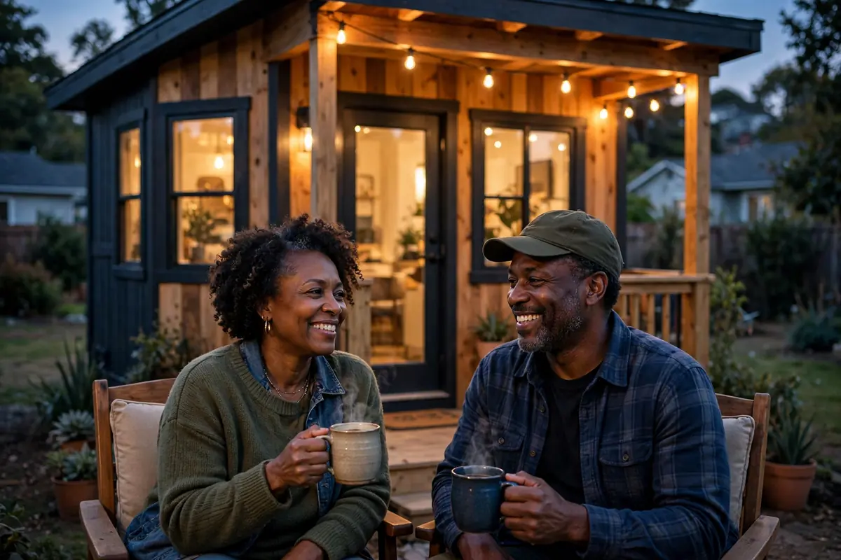 Couple relaxing on the porch of their backyard cottage at dusk