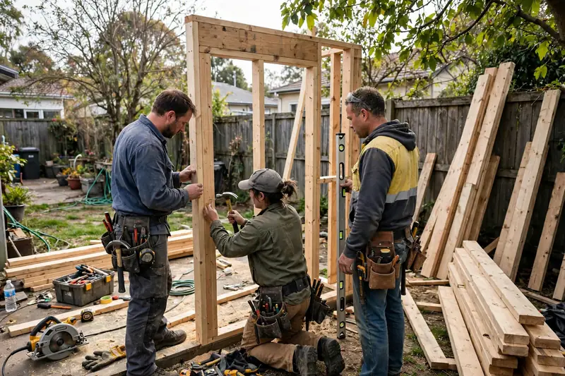 Framing crew raising new second-story walls for an above-garage apartment