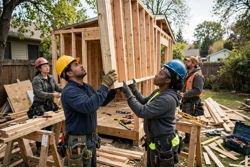 Construction crew raising framed walls of a backyard cottage