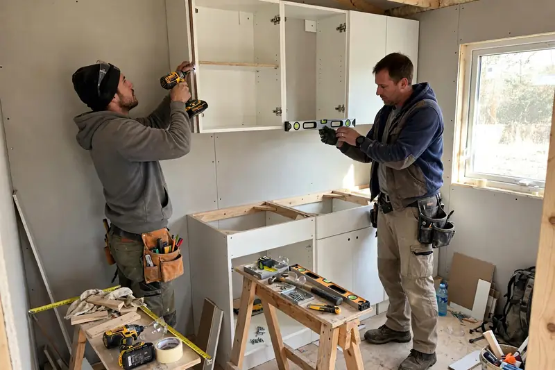 Workers installing interior finishes inside an ADU under construction