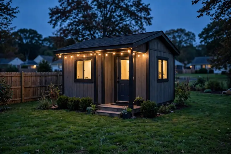 Backyard cottage ADU glowing at dusk