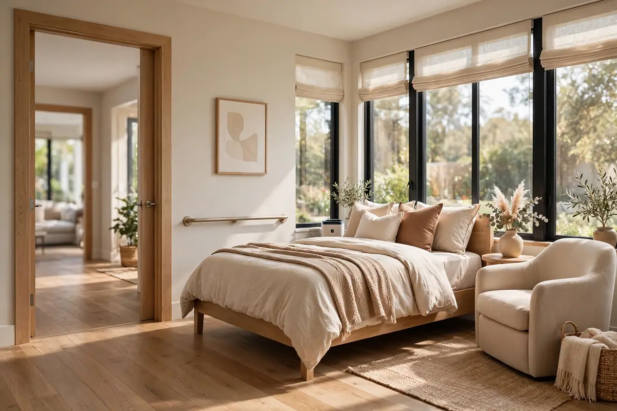 Bright in-law suite bedroom with a wide doorway